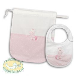 Sacchetto e bavaglino per neonata con pallini bianchi su rosa e patch ricamato